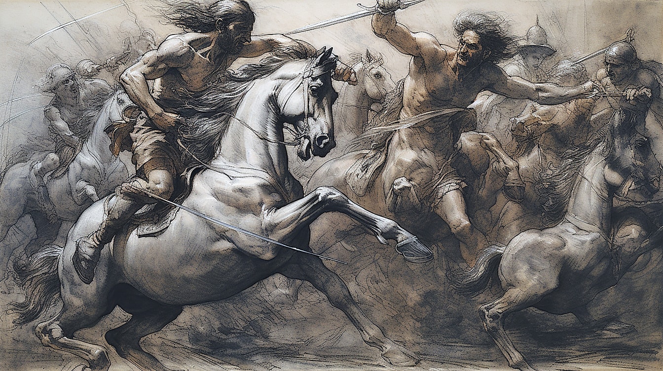 Mannen op paarden rebellie strijd schone kunsten