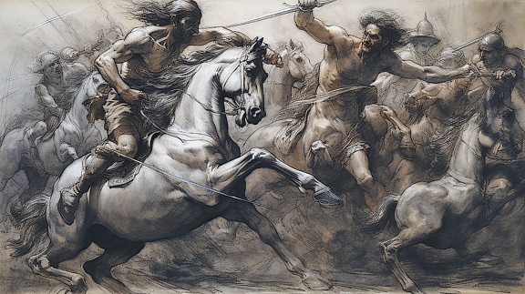 mannen, paarden, opstand, strijd, beeldende kunst, kunst, kunstwerk