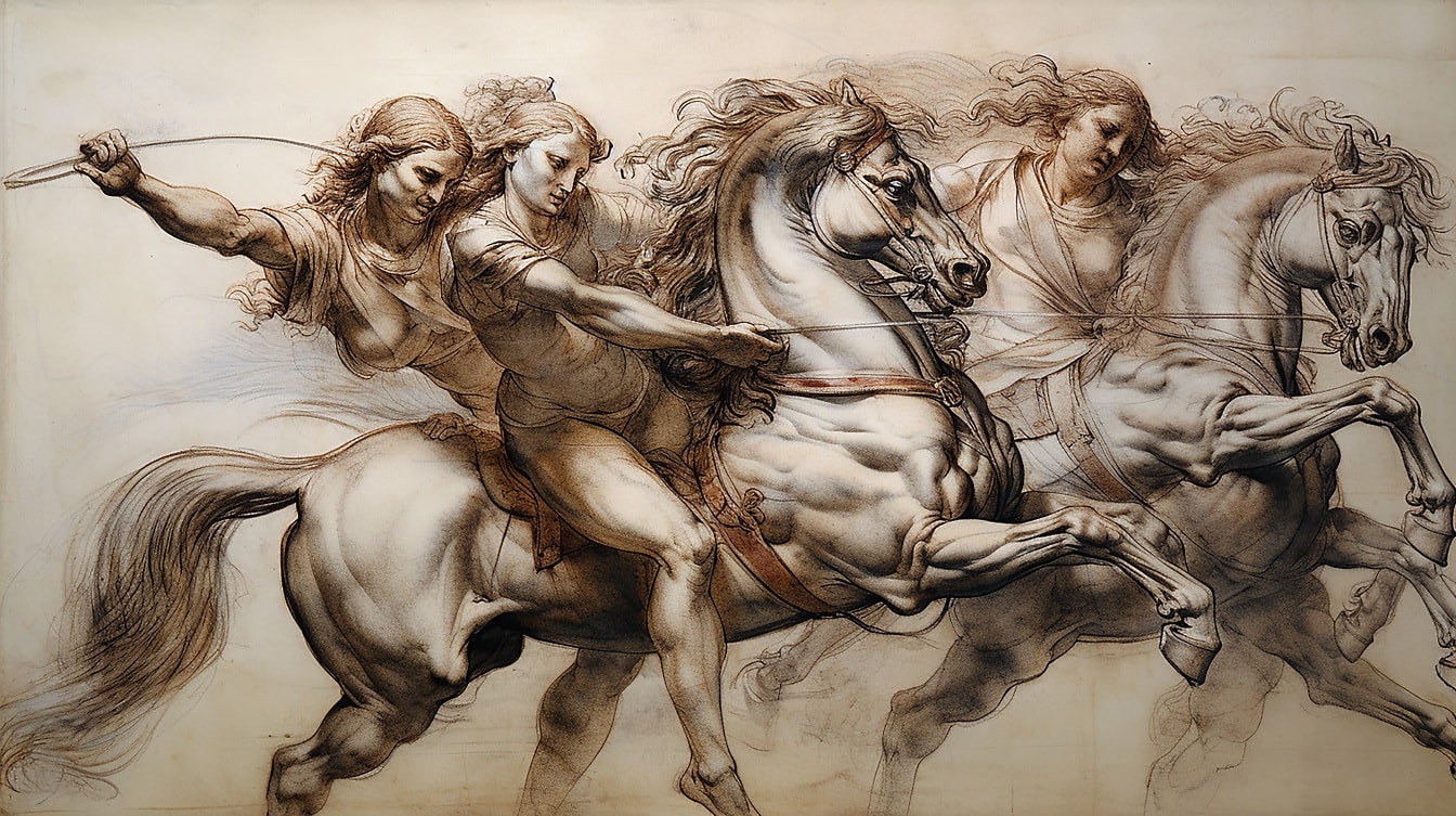 Эскиз изобразительного искусства, рисунок лошадей с женщинами-наездницами