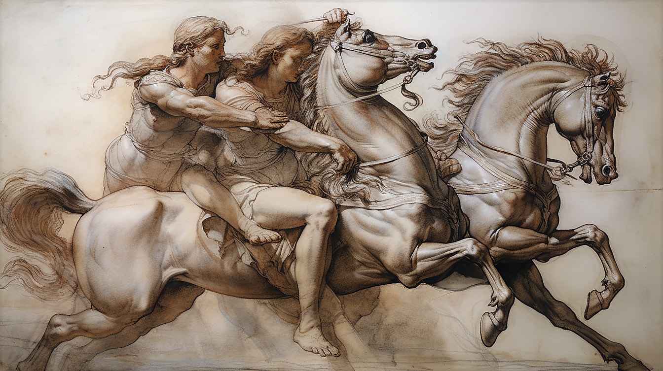 Образотворче мистецтво скачуть коні з жінками в середньовічному стилі