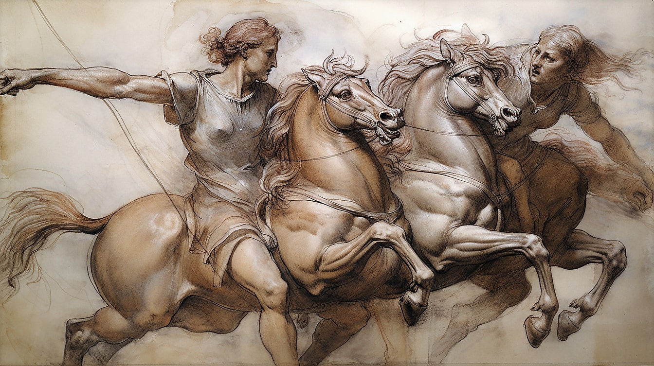 Ženy na koňoch svetlohnedá kresba v starom štýle ilustrácia náčrtu