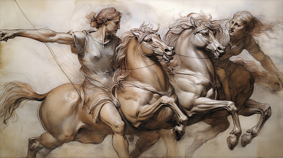 mujeres, caballos, estilo antiguo, marrón claro, dibujo, ilustración, dibujo