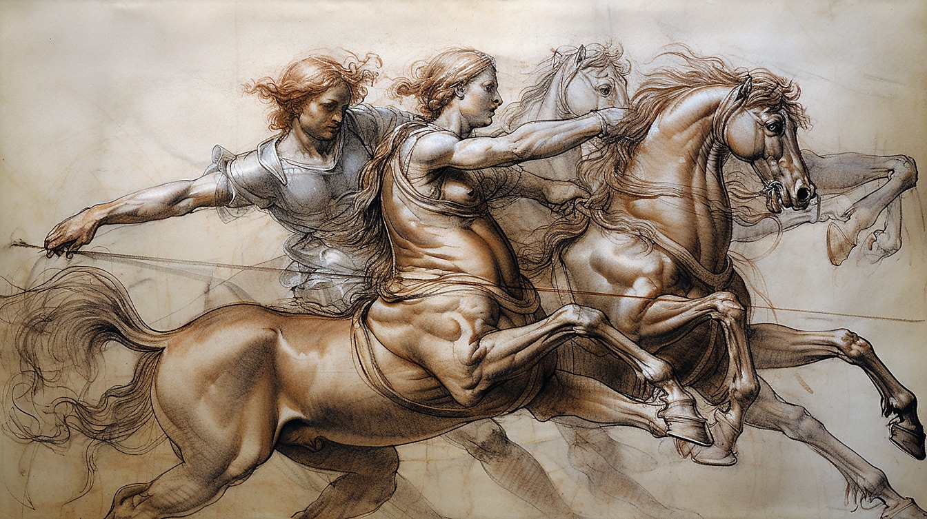 Femei, cai, mitologie, creatură, desen în stil vechi, schiță