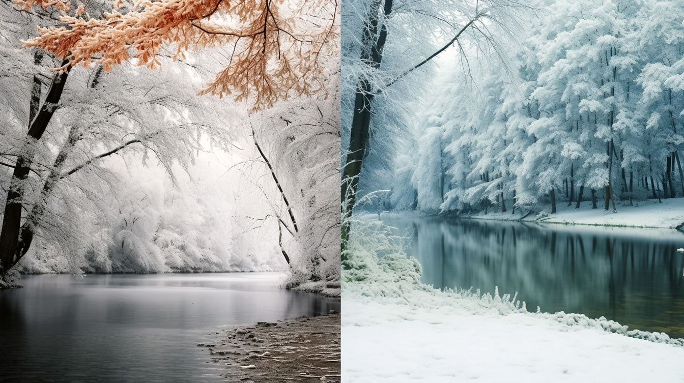 風景、冬の湖畔の写真のコラージュ
