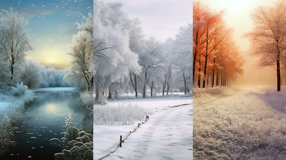 kolaž, fotomontaža, zima, snježno, krajolik, slika, hladno