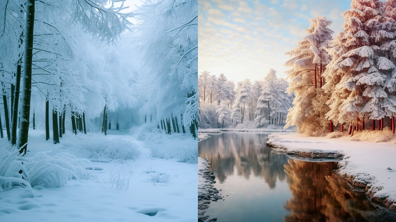 Fotomontaasikollaasi lumisen luonnon talvikuvista