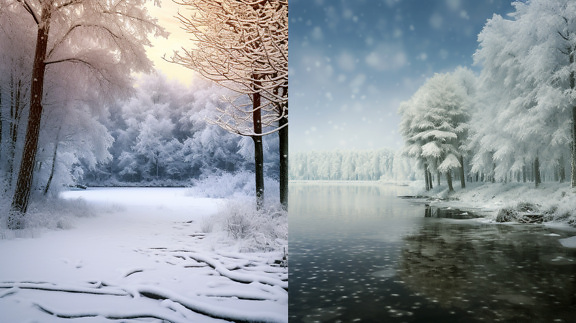 雪に覆われた冬のフォトモンタージュコラージュイラスト写真