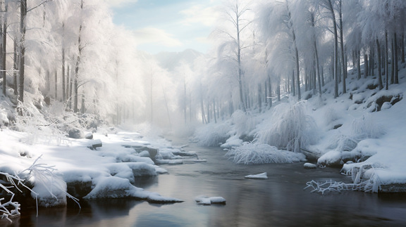 Rocky river in winter with white snowy landscape illustration