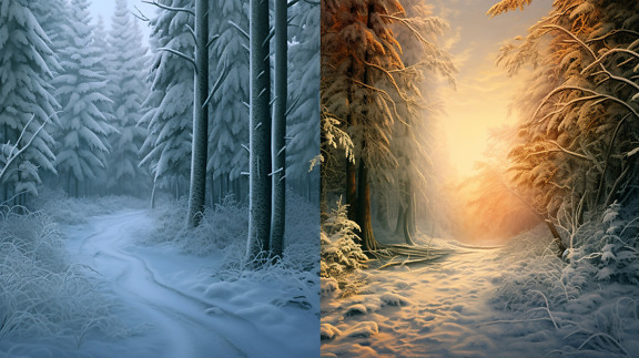 величествен, колаж, фотомонтаж, зимни, природата, гора, пейзаж