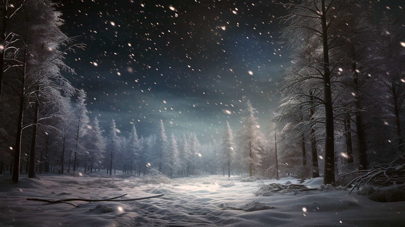 Turun salju di hutan pada malam hari ilustrasi lanskap musim dingin