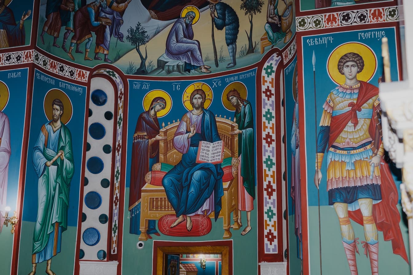 Orthodoxes Wandgemälde von Jesus Christus in einem mittelalterlichen Kloster
