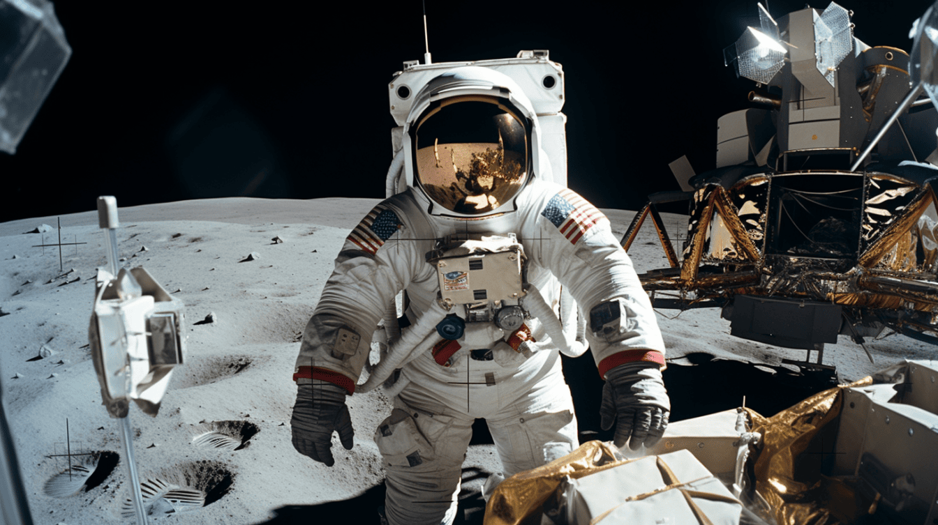 Космонавтът от космическата програма “Аполо 11” върви по илюстрация на Луната
