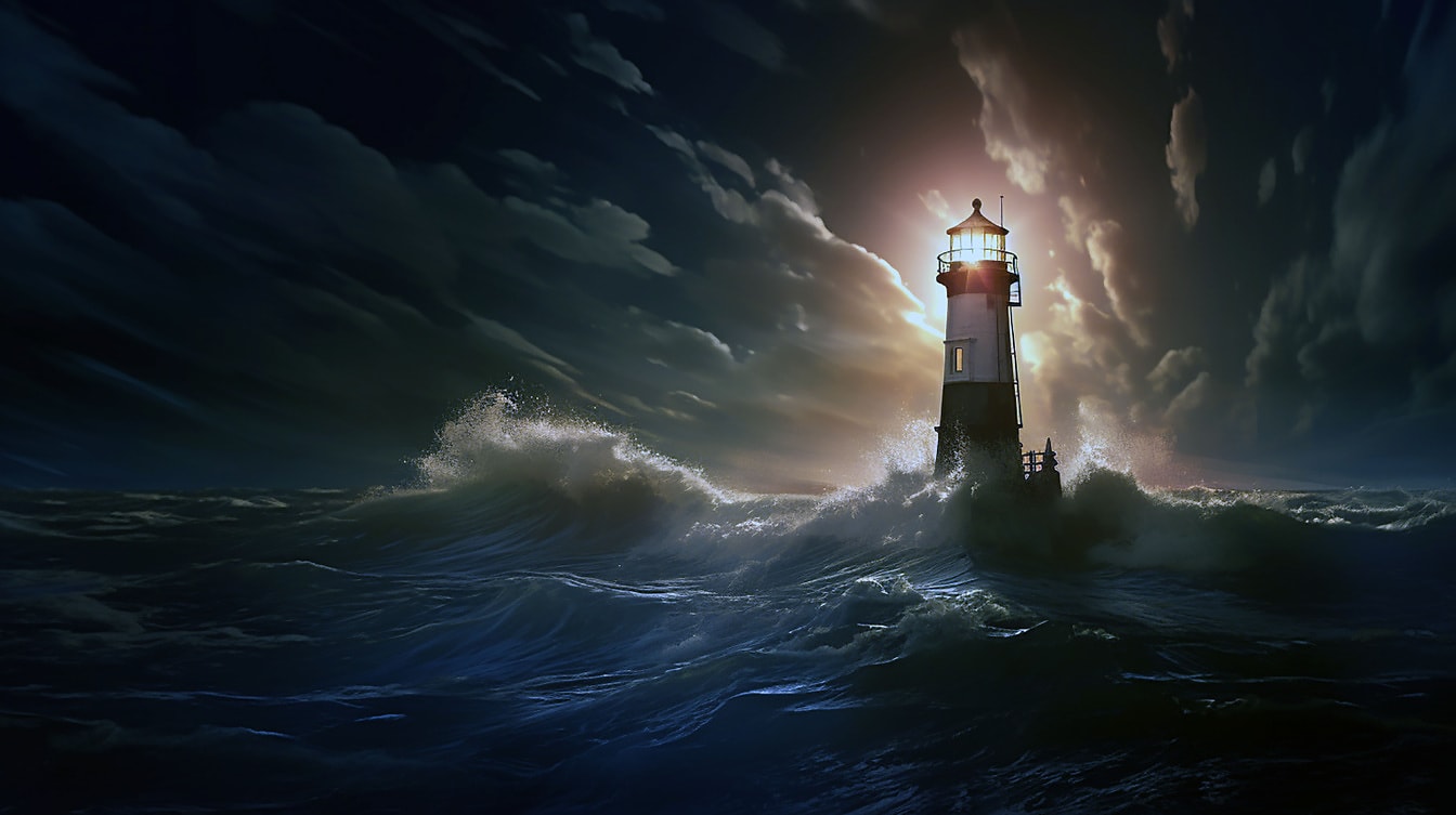 海の波の下に夜の灯台塔
