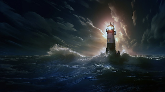 Lighthouse tower at night underneath of ocean waves