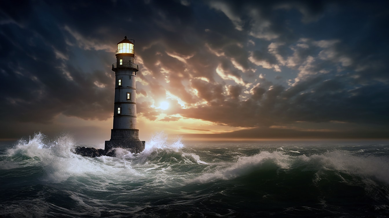 Navigációs világítótorony illusztrációja naplementekor az óceánnál