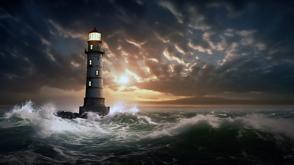 Illustration of navigation lighthouse at sunset at ocean