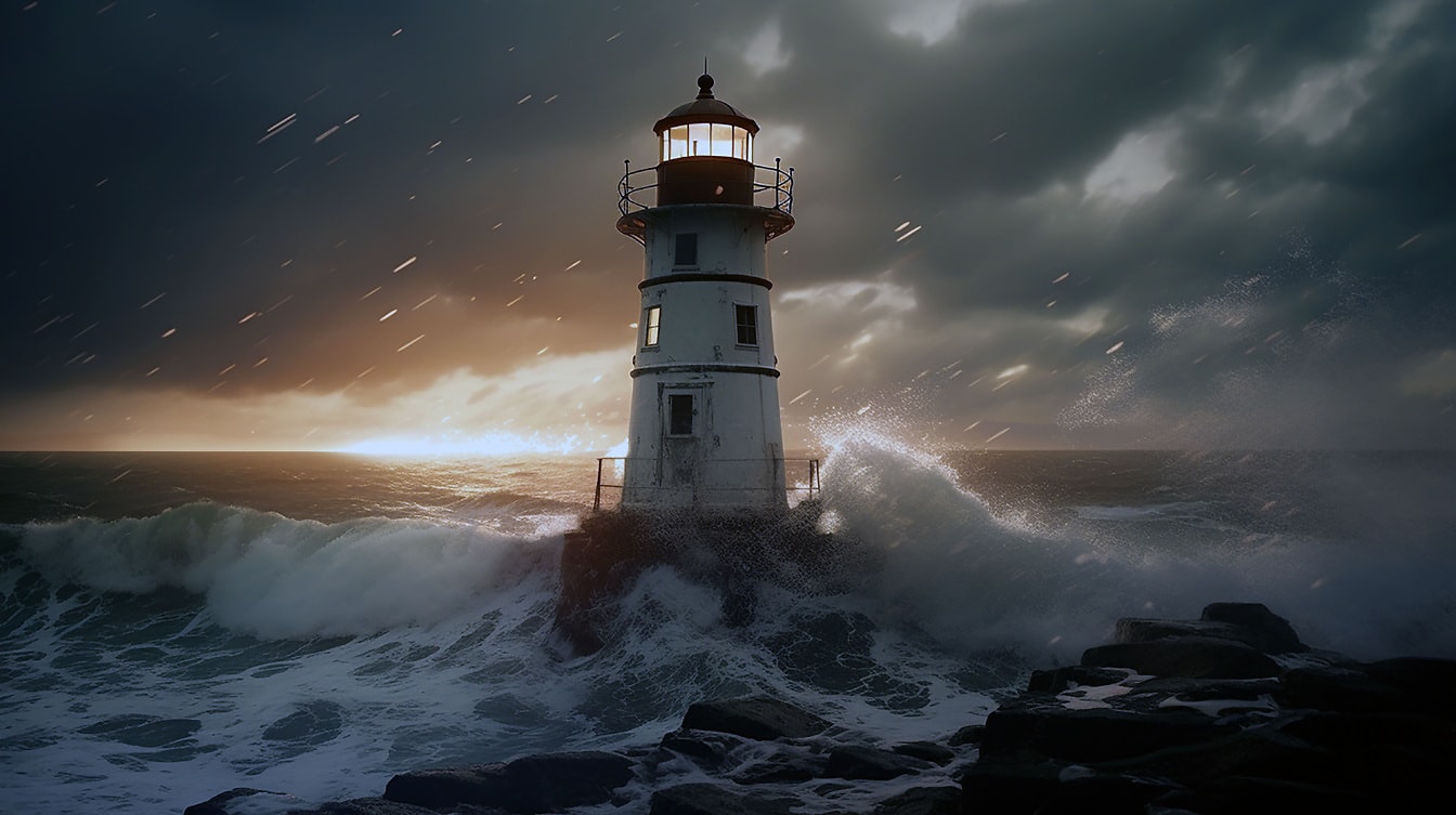 島の海岸の雨の夜の灯台灯台