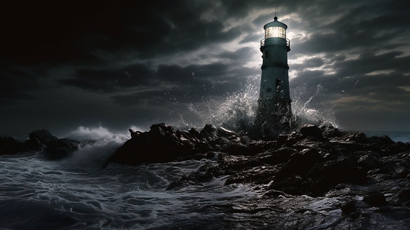 Waves splashing on majestic white lighthouse at dark night