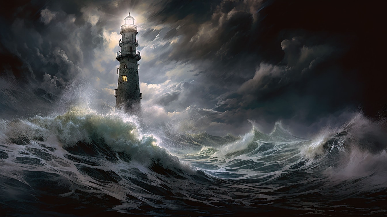 Маяк светлина от кула през нощта с големи океански вълни