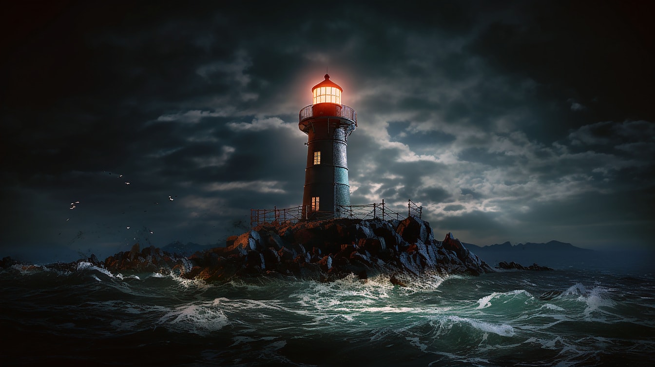 Свет маяка в темноте ночью на океанском острове