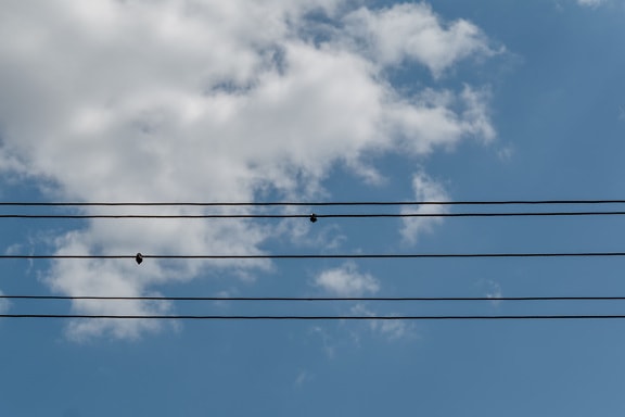 horizontal, fios, elétrica, céu azul, nuvens, cabo, eletricidade