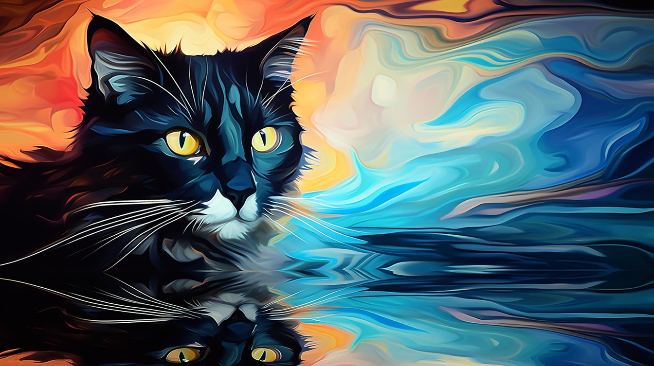Akvarellikuva mustasta kissanpennusta, jolla on kellertävät silmät