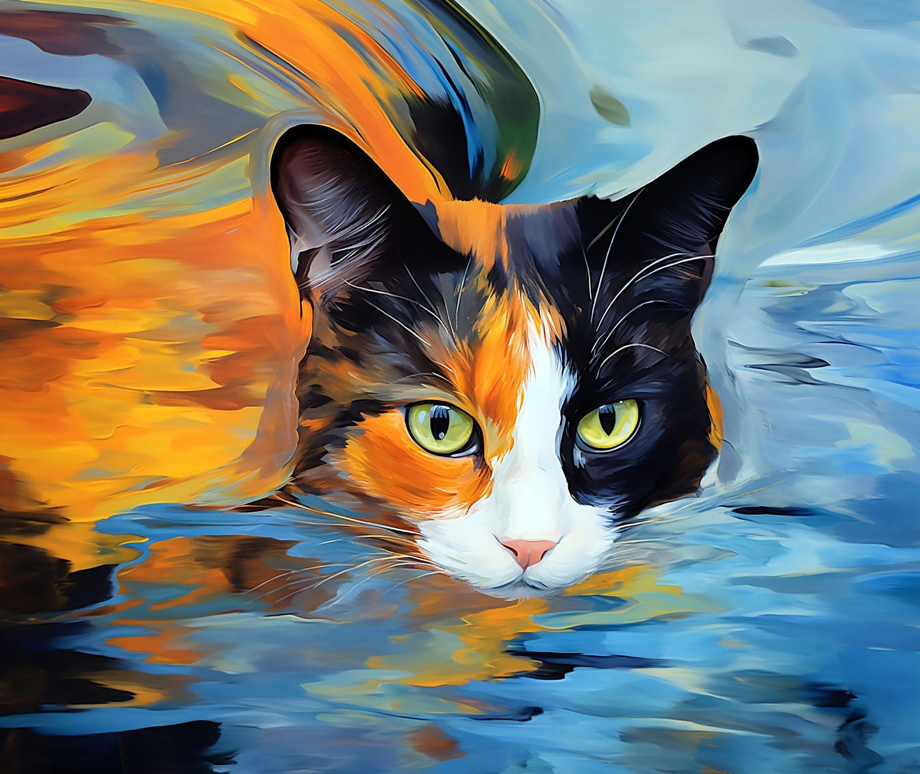Orange-, gelbe und dunkelblaue Katzenkopf-Aquarell-Illustration
