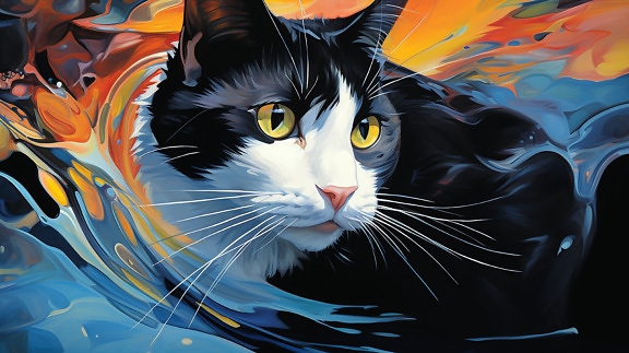 černá a bílá, hlava, kočka, malba, ilustrace, Akvarel, kočkovitá šelma