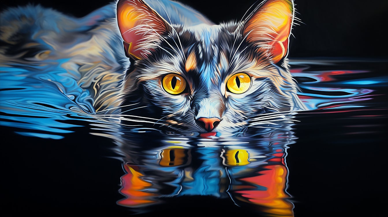 Majesteettinen akvarellikuva kissa vedessä lähikuvassa
