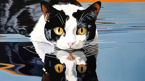 kočka, černá a bílá, voda, Akvarel, malba, ilustrace, kočkovitá šelma