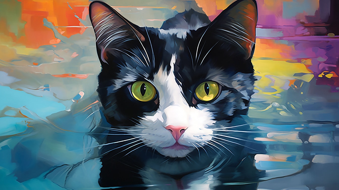 Akvarellmålning kattunge med färgrik bakgrund
