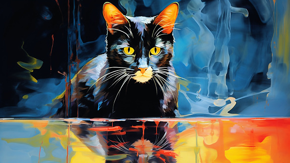 adorable, negro, gatito, Acuarela, pintura, ilustración, gato