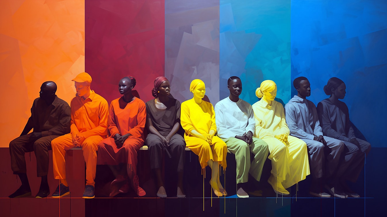Раскраска сидящих людей фантазийная иллюстрация