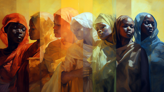African and Caucasian women with colorful silk veil