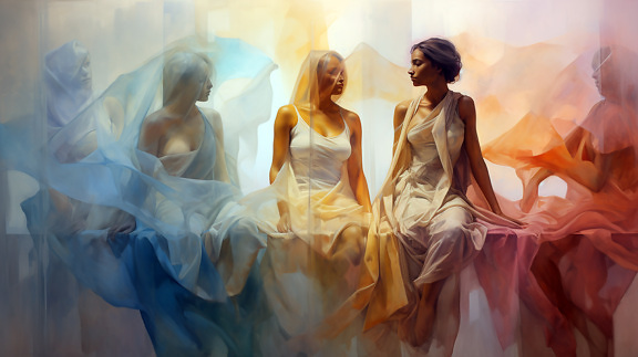 illustration, majestätisk, kvinnor, unga, slöja, sitter, klänning