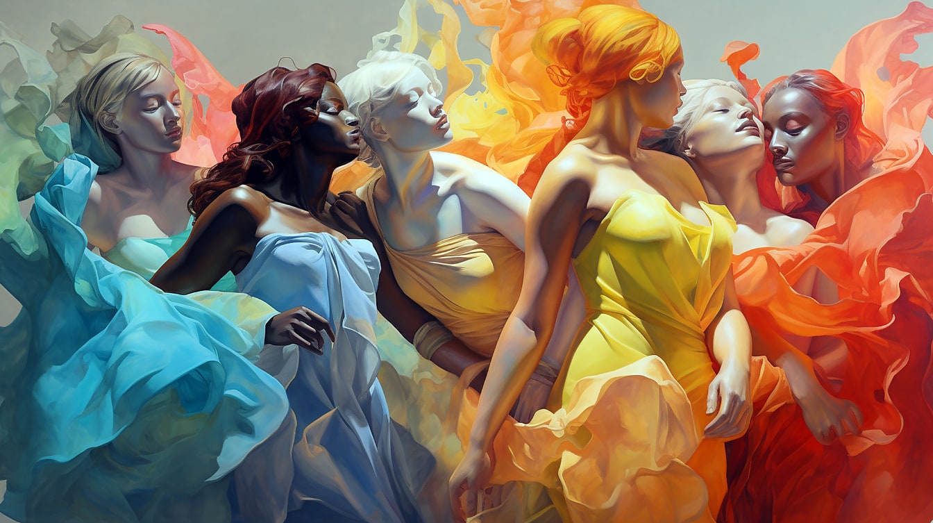 Жінки в барвистій шовковій сукні графічна ілюстрація
