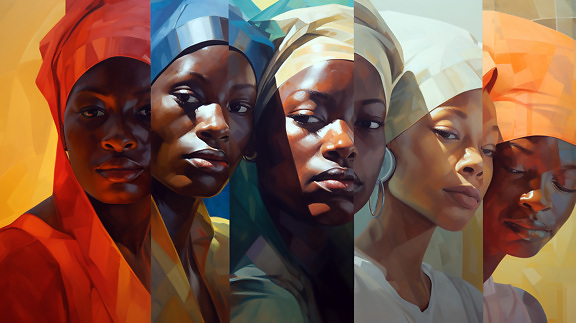 Afrikaanse, vrouwen, gezicht, kleding, kleurrijke, hoed, illustratie