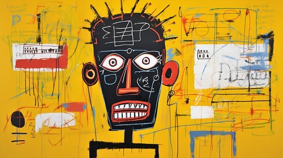 černá, obličej, žlutá, graffiti, zeď, ilustrace, kresba