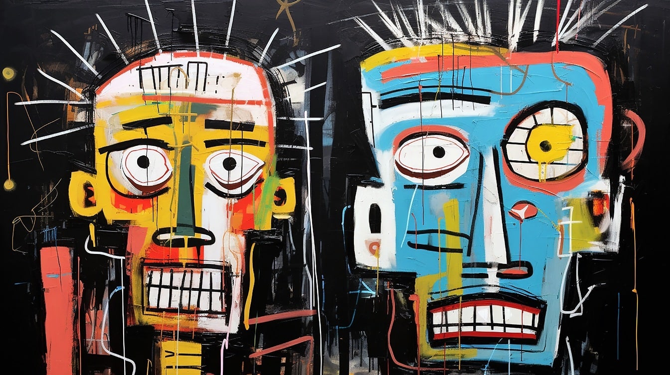 Kellertävänruskeat ja tummansiniset kasvot värikkäät graffitit