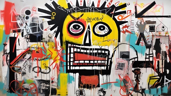 Creative graffiti illustration of yellow face on wall