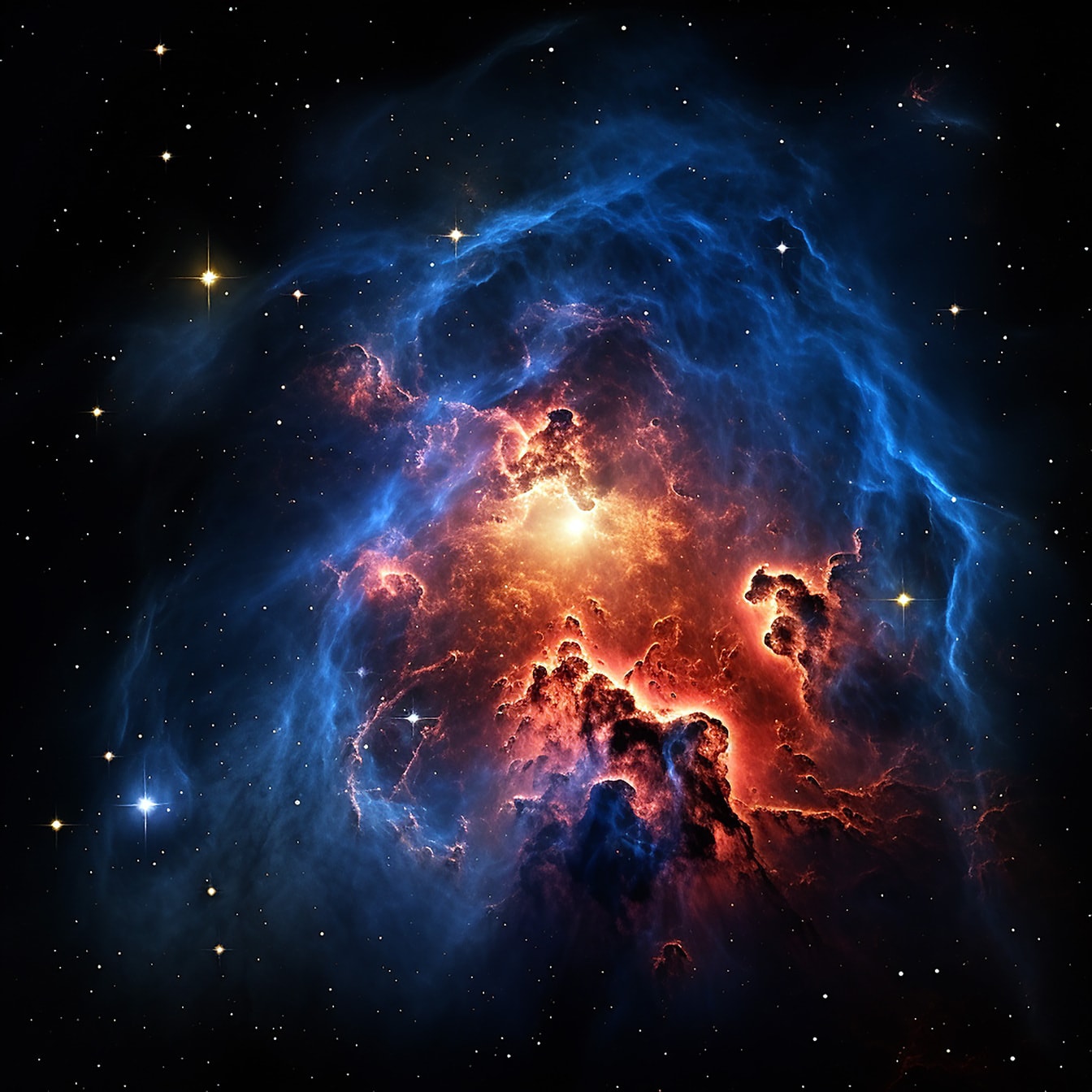 Majestueuze donkerblauwe nevel met donkerrode oerknal kosmosfotografie