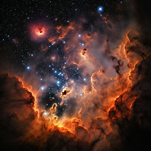 Universe with orange yellow nebula and stars in galaxy