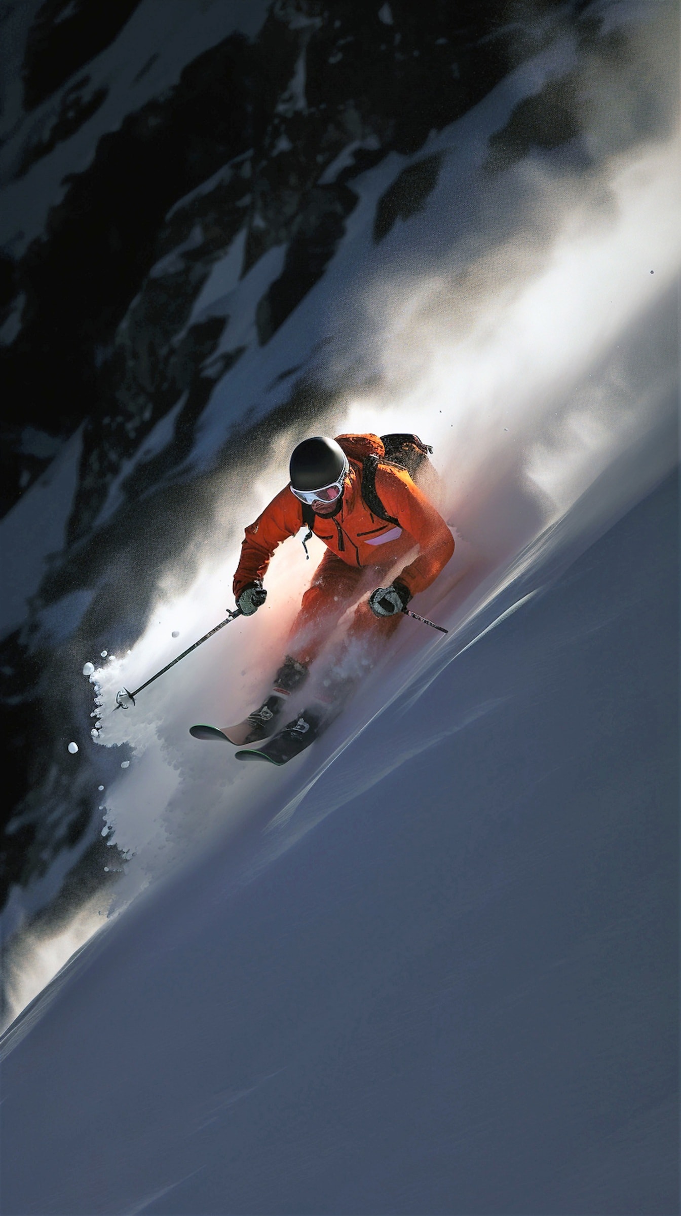 Sciatore estremo che scia sulla cima innevata della montagna