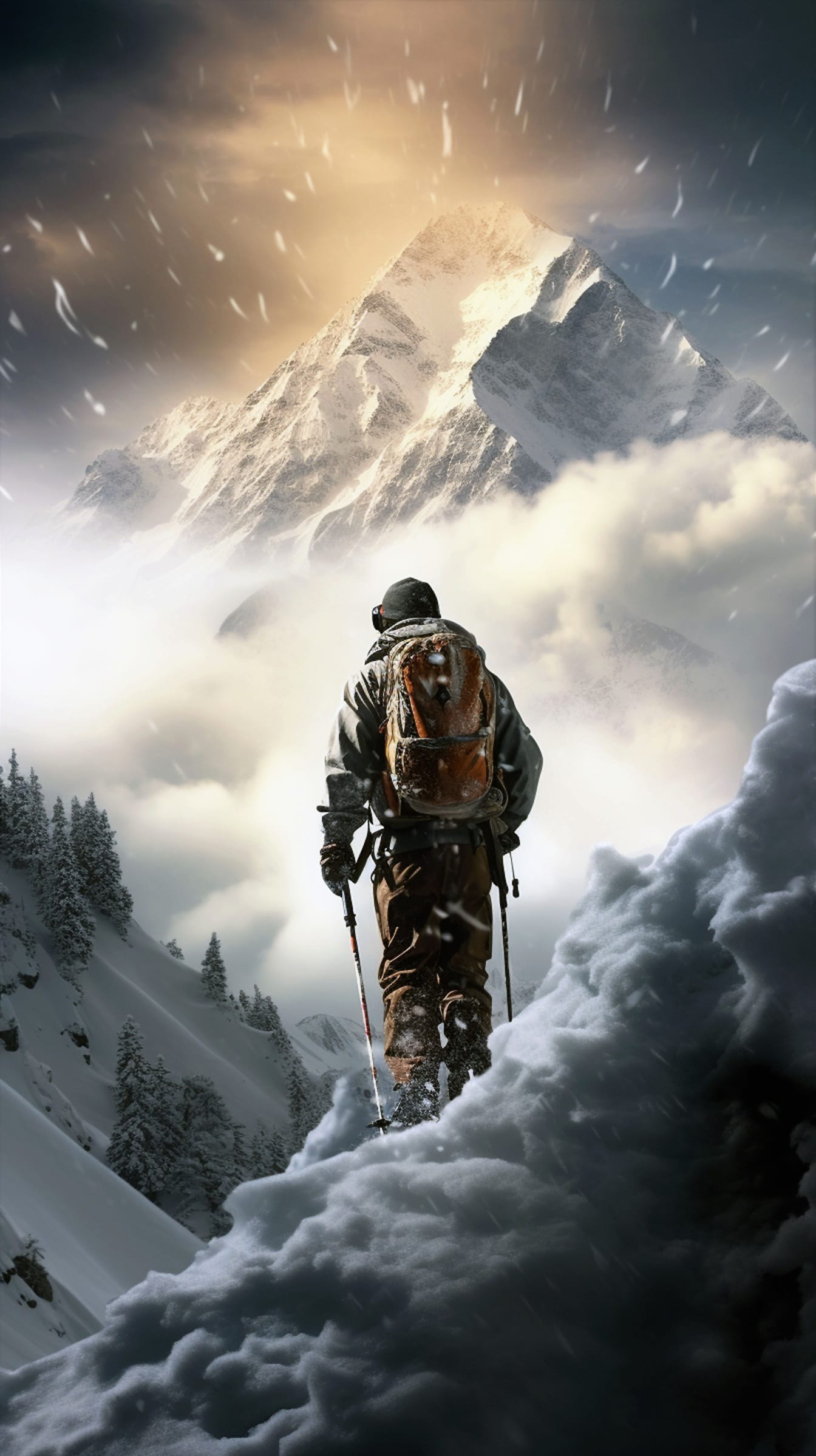Backpacker bergsklättrare vid extremt snöigt väder