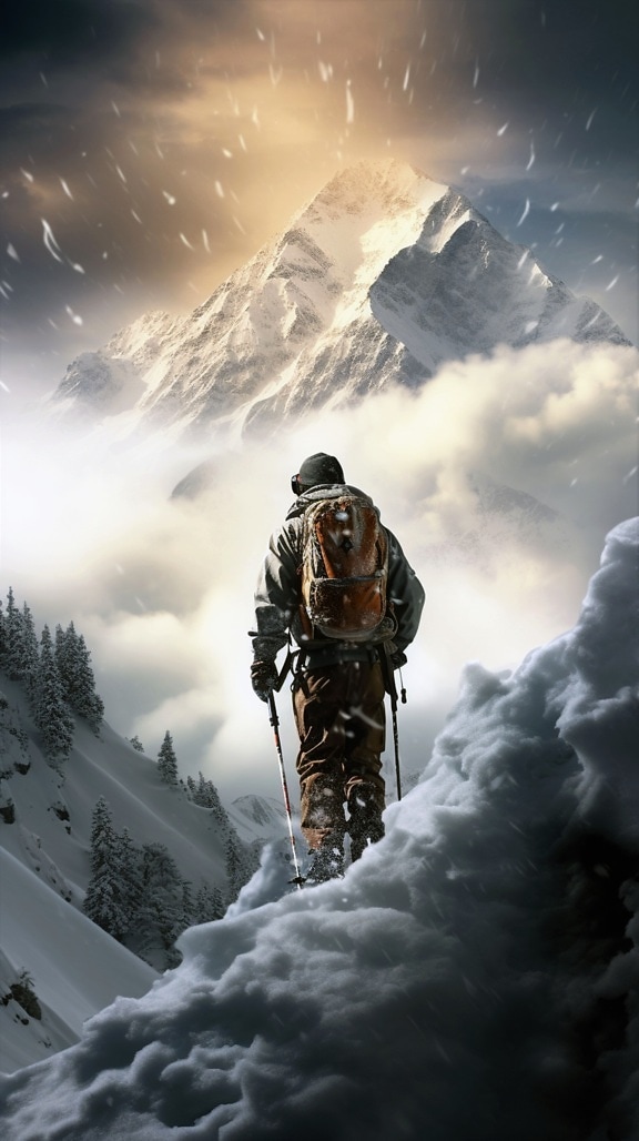 Backpacker mountain climber at extreme snowy weather