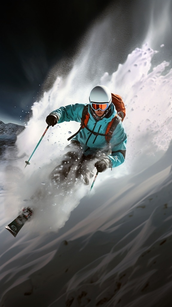 Close-up of extreme sport skier skiing at snowy mountain