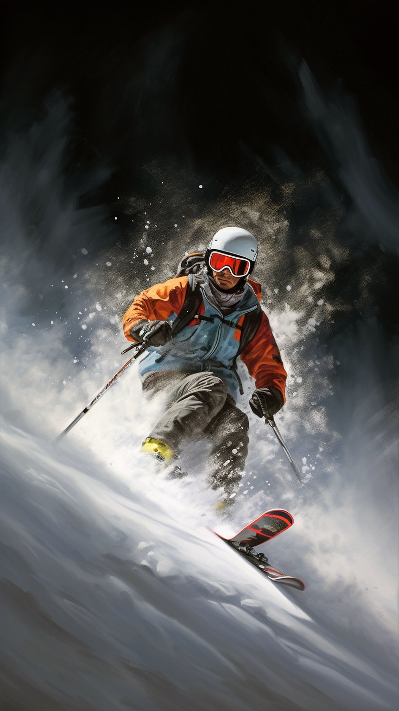 Người đàn ông trượt tuyết mạo hiểm trượt tuyết trên sườn núi tuyết