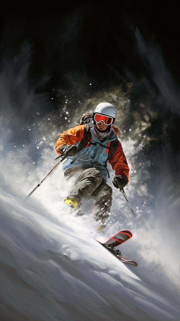 Man extreme skier skiing on snowy mountain slope