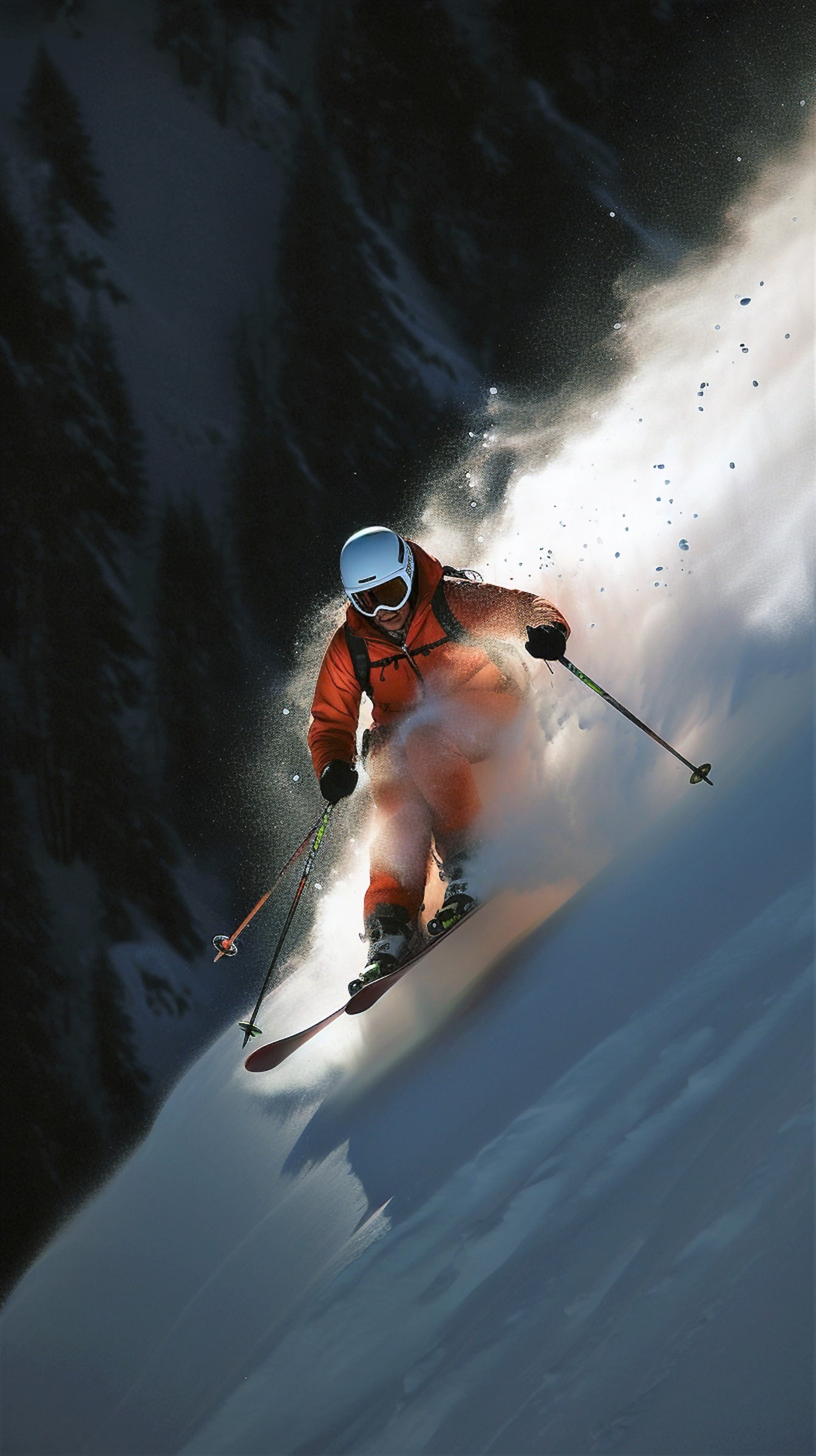 오렌지 옐로우 재킷을 입은 익스트림 스키어가 산에서 스키를 타고 있습니다.