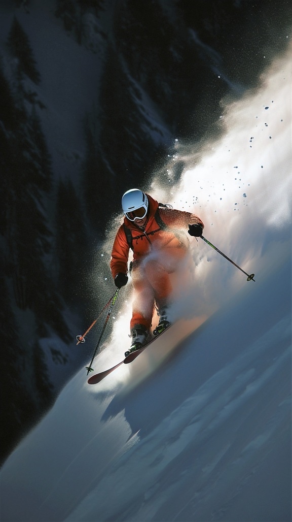 Extreme skier in orange yellow jacket skiing on mountain